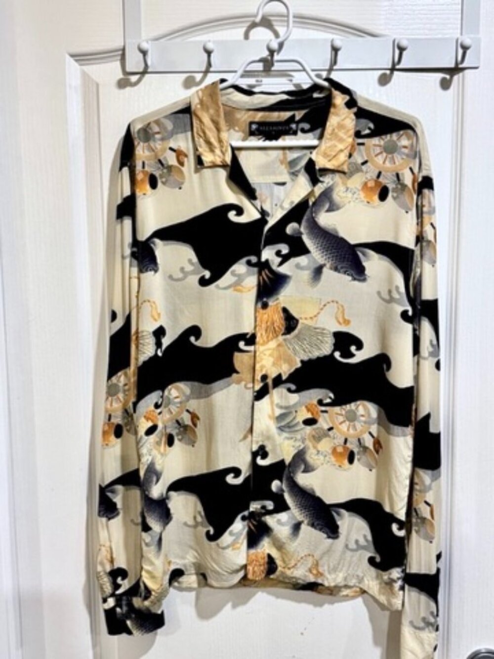 AllSaints "Pisces" Fluid Long-Sleeve Wave Print Shirt - Men's Large